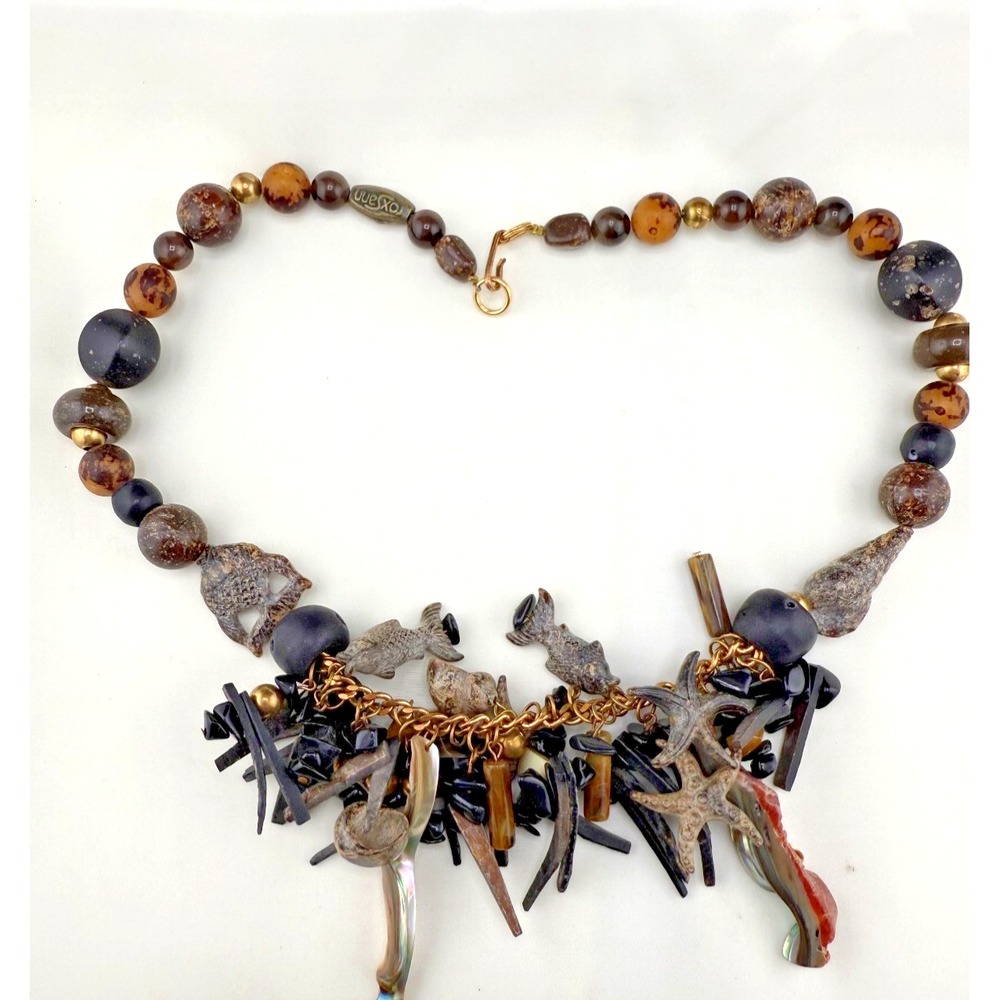 Boho Necklace‎ Shell  Beach Sea Life Starfish Carved Signed 23"